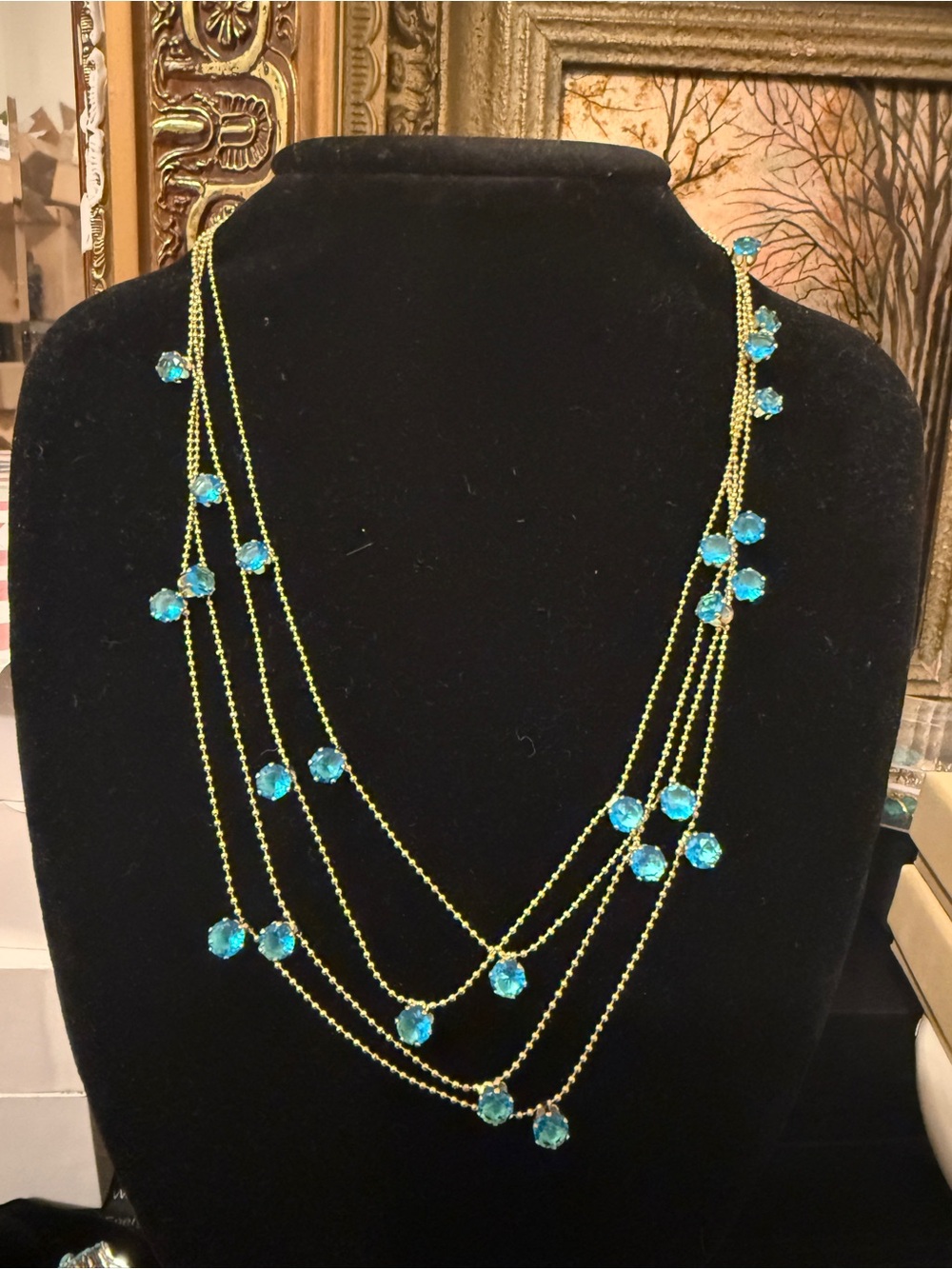 Gold-Tone Multi-Strand Necklace with Aqua Blue Crystal Accents